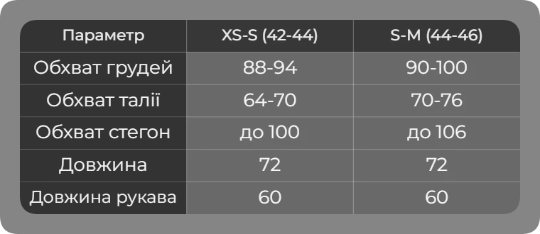 Таблица размеров
