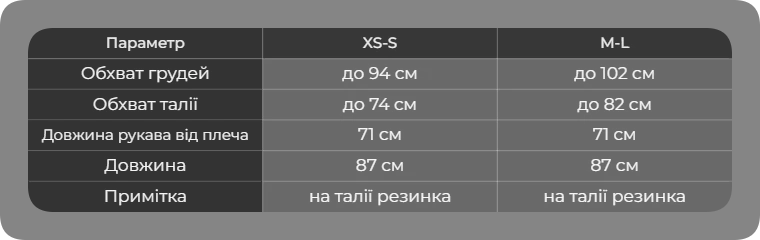 Таблица размеров