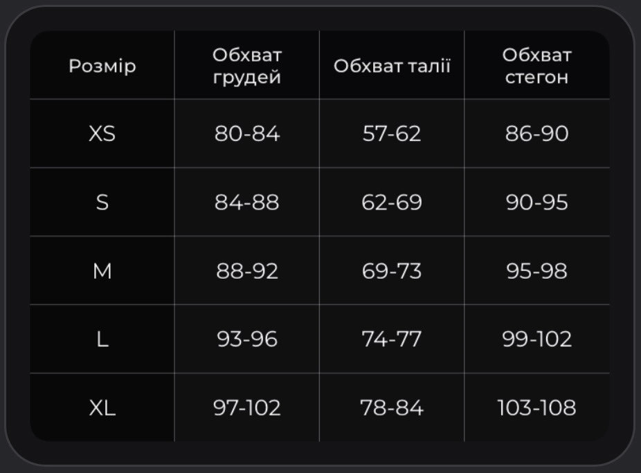 Таблиця розмірів