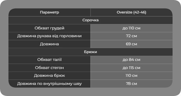 Таблица размеров
