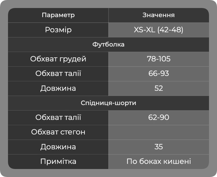 Таблица размеров