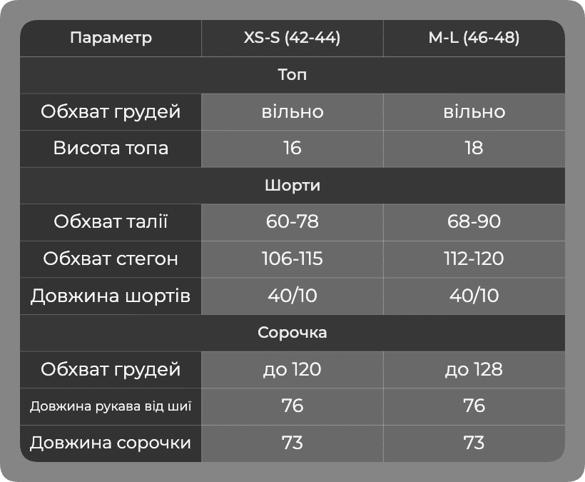 Таблица размеров