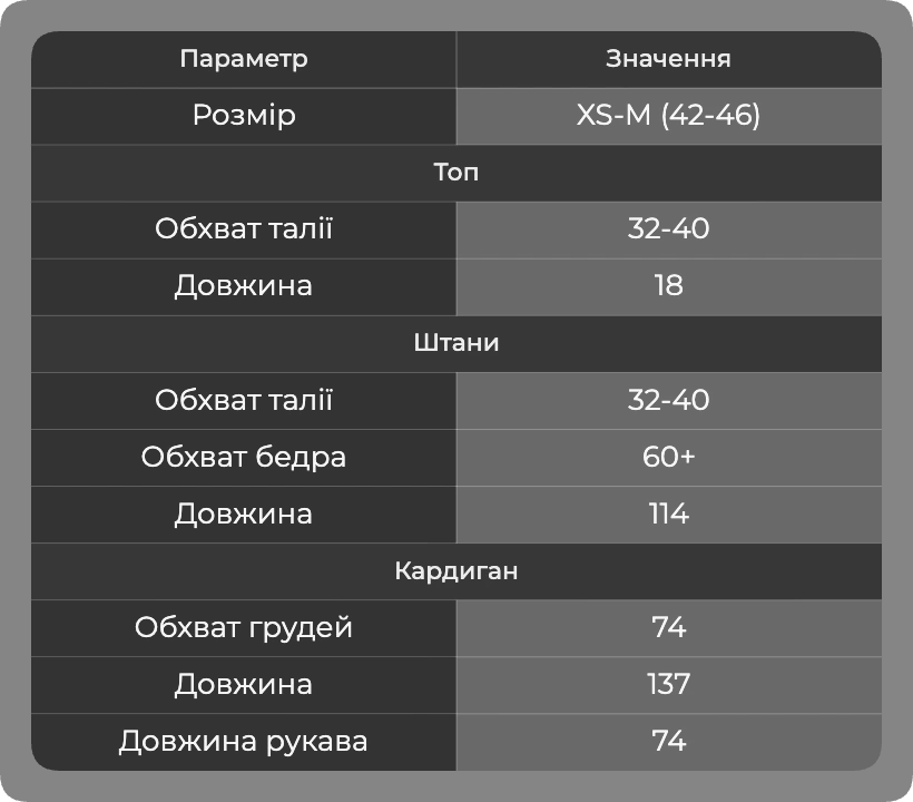 Таблица размеров