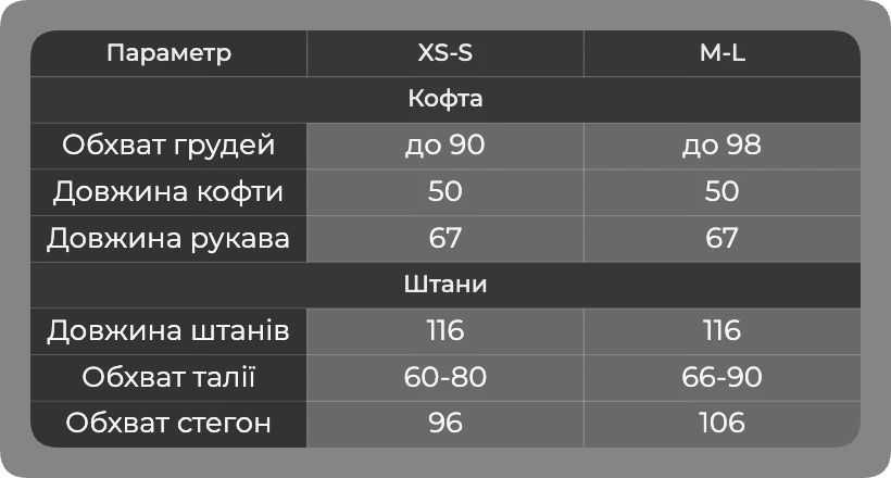 Таблица размеров