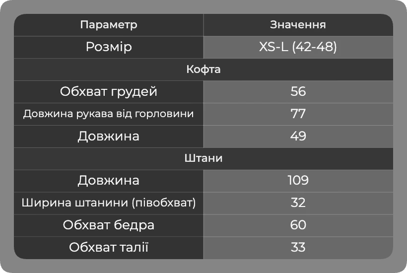 Таблица размеров