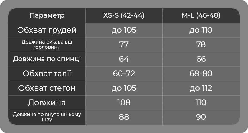 Таблица размеров