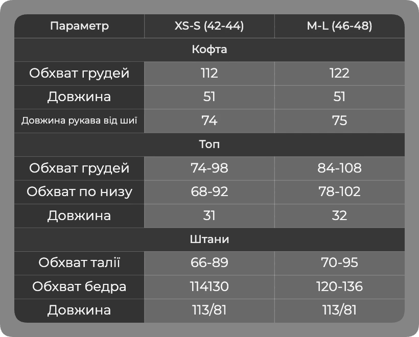 Таблица размеров