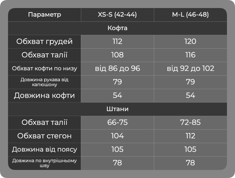 Таблица размеров