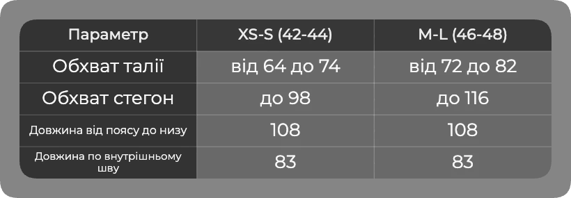 Таблица размеров