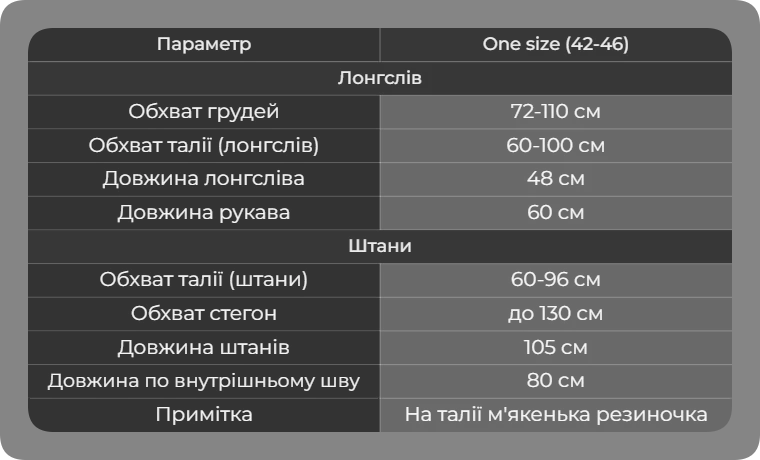 Таблица размеров