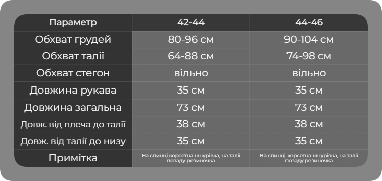 Таблица размеров